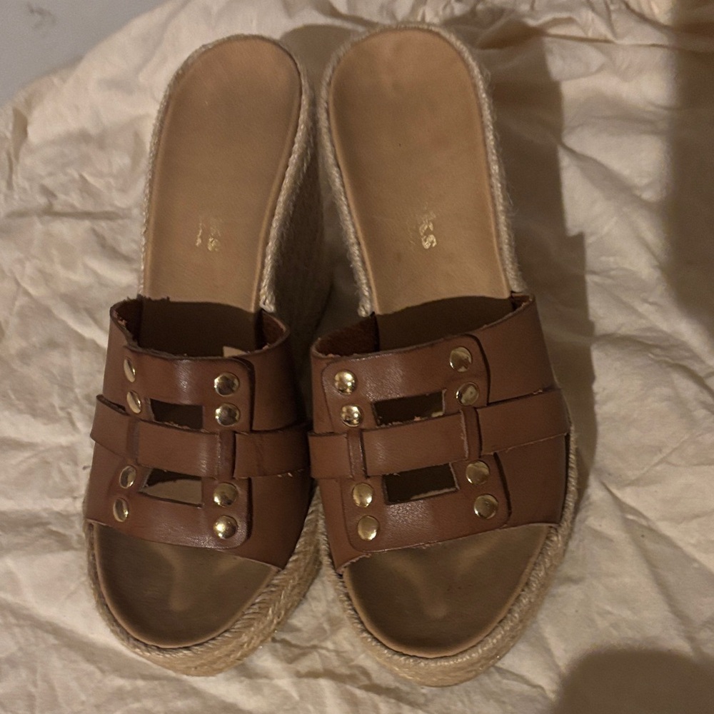 Nina Shoes Brown Leather Espadrille Wedge Slides